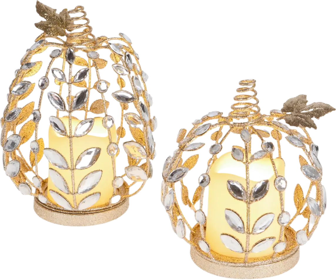 august & leo Set of 2 Jeweled Pumpkins w/Flameless Candles