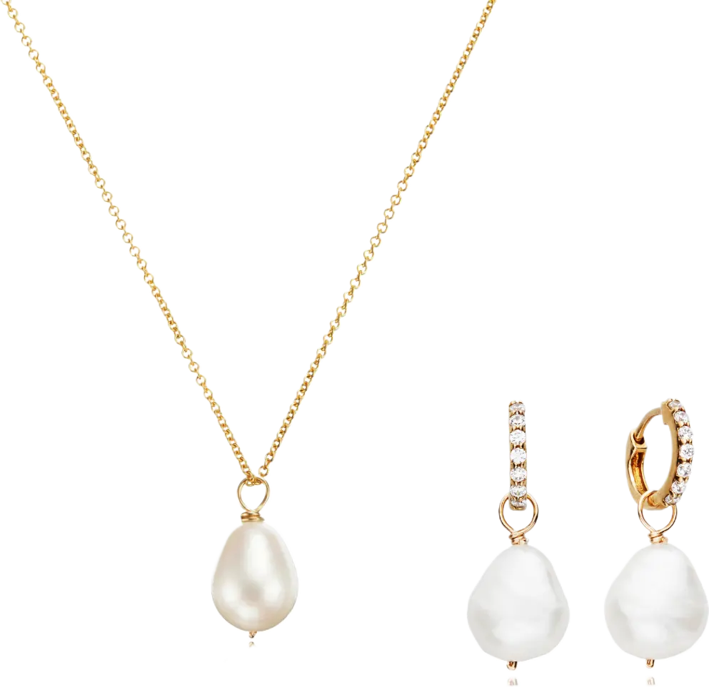 Gold Pearl Drop Huggies and Large Pearl Necklace Gift Set