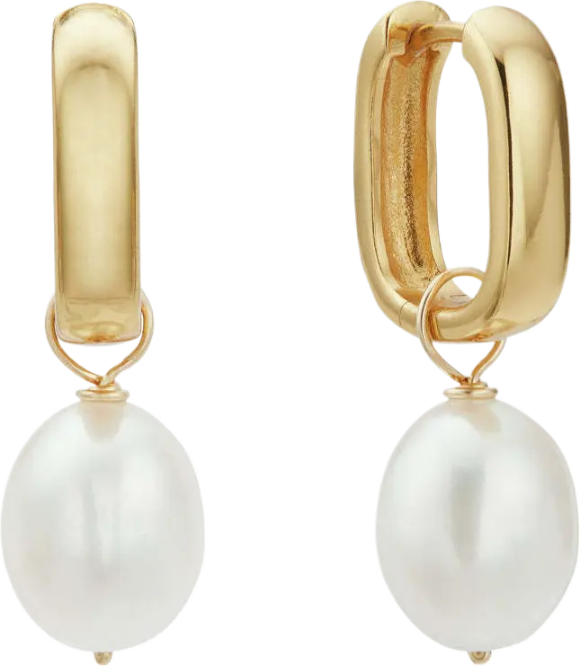 Gold Thick Squared Hoop Pearl Drop Earrings