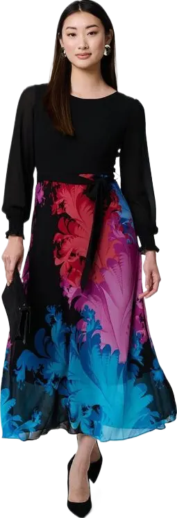 Floral Contrast Print Tie Waist Midi Dress