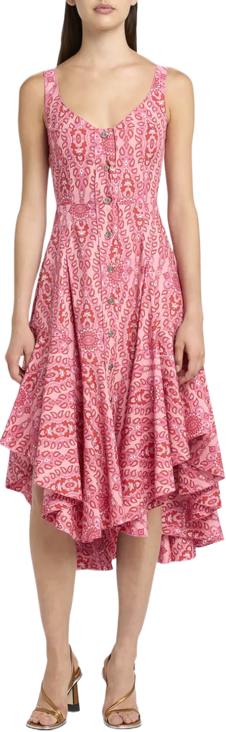 Pink Medallion Button-Front Cotton Poplin Dress