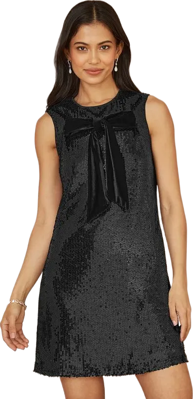 Yumi Black Sequin Bow Tunic Shift Dress