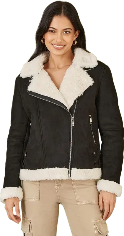 Yumi Black Faux Suede And Shearling Biker Jacket